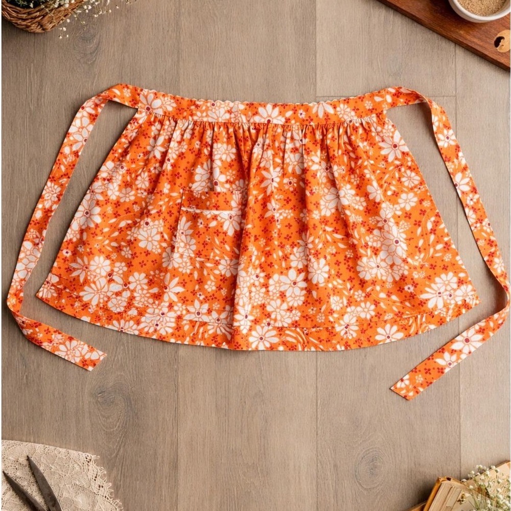 Retro Half Apron MCM Kitchen Orange Floral 17" Length
